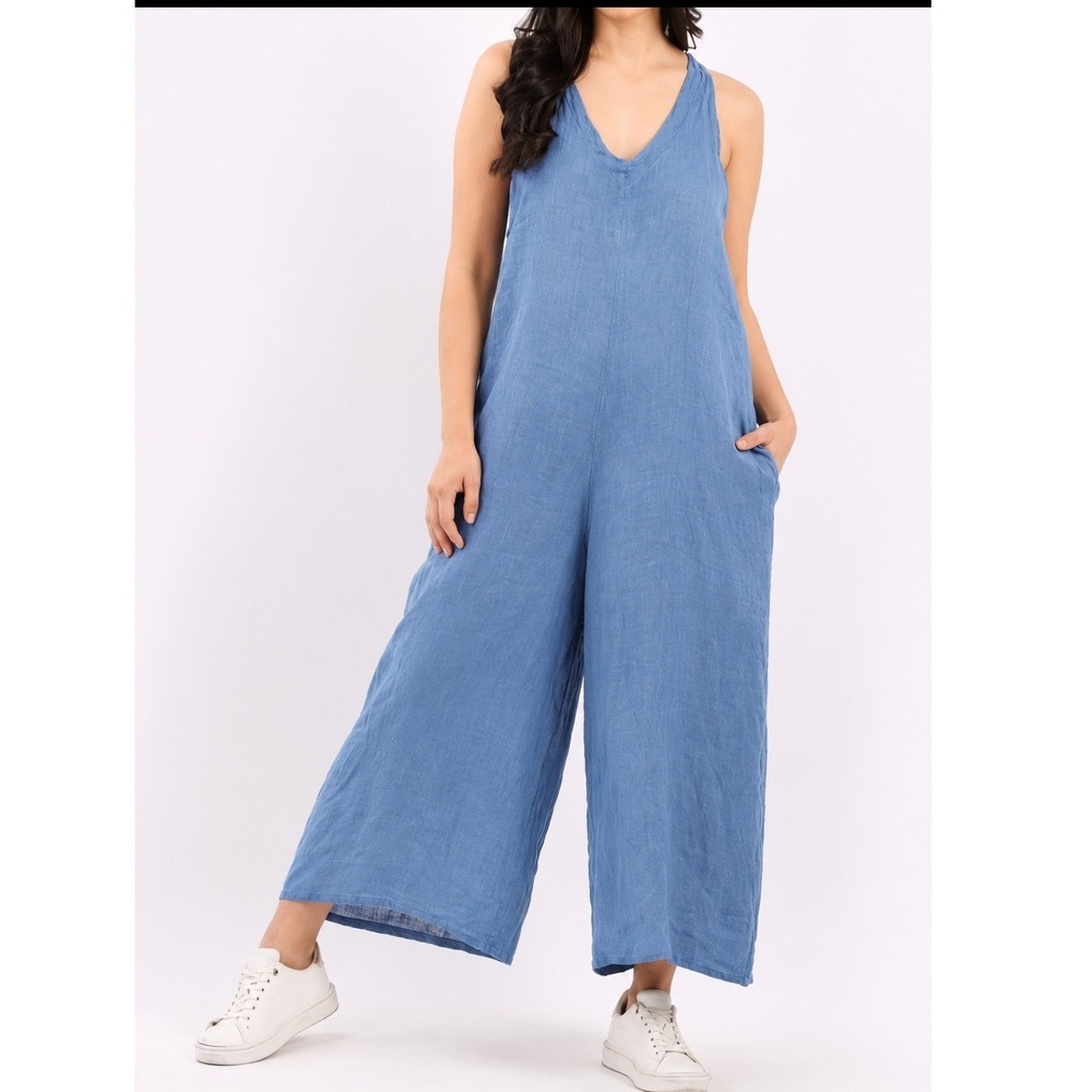 Made in Italy Womens Blue 100% Linen Wide Leg Tie Back Loose Jumpsuit Overalls